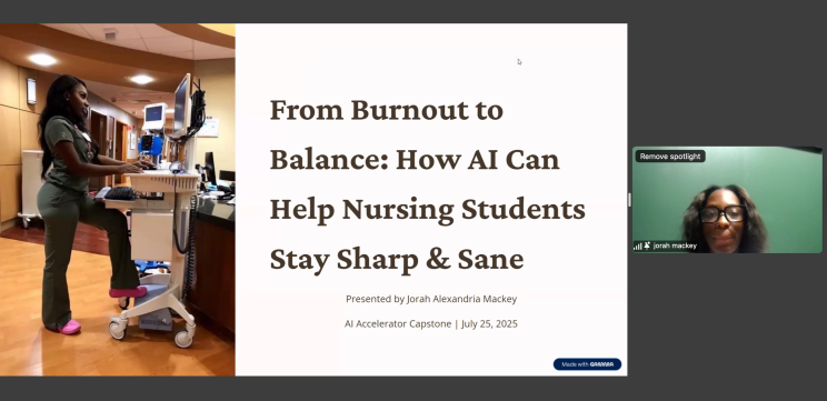 Jorah Mackey presenting an AI solution for nursing student burnout during an online session